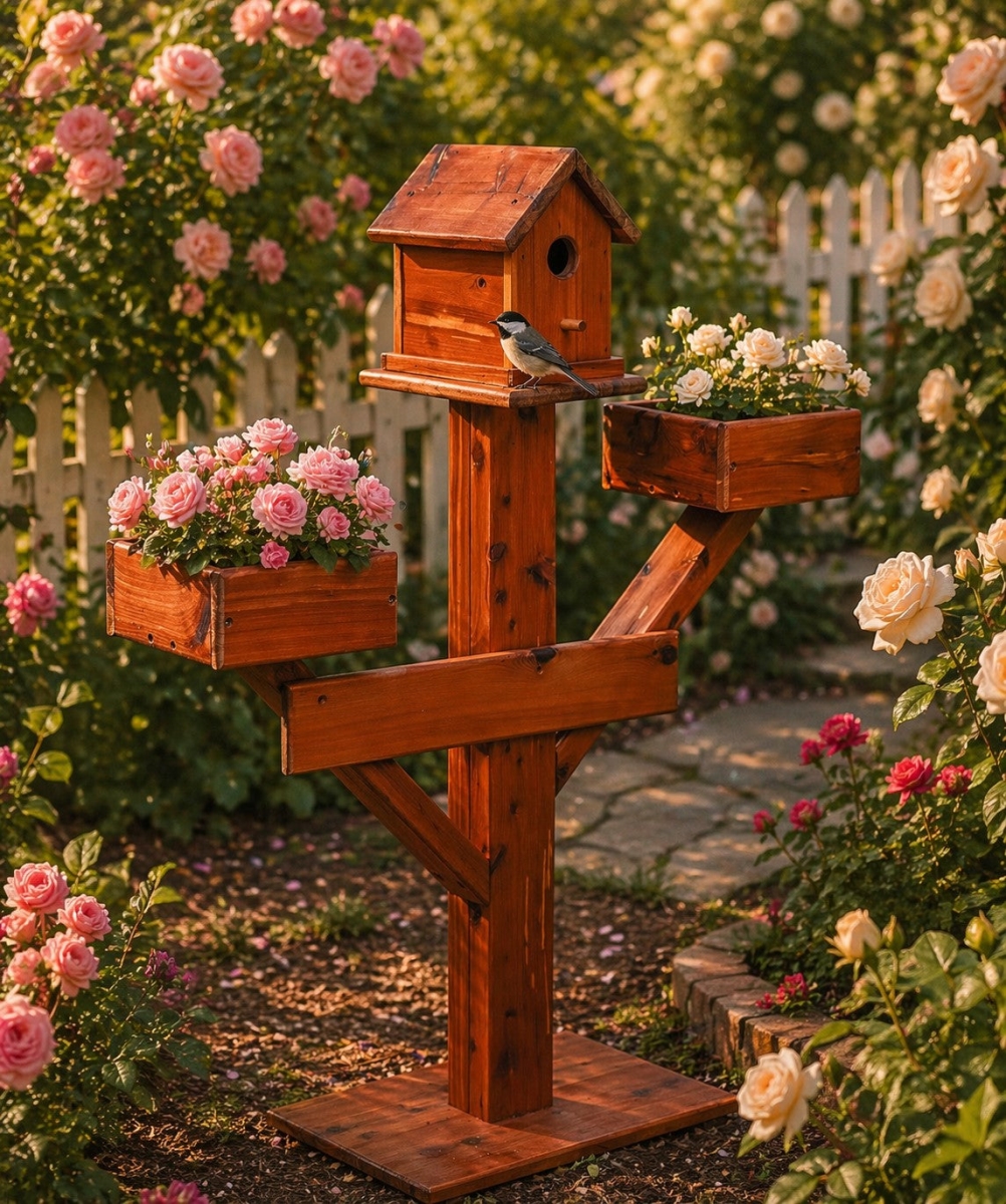 MM148 39 x 32 x 11 in. Large Amish Handcrafted Solid Red Cedar Birdhouse Planter Stand with 8 in. Pot Platform