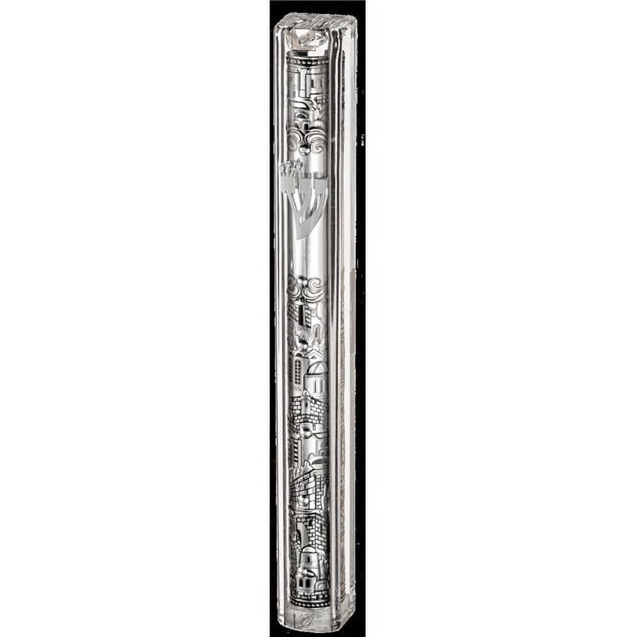 Picture of Art Judaica 23608 12 cm Transparent Plastic Mezuzah with Rubber Cork with Letter Shin & Plaque