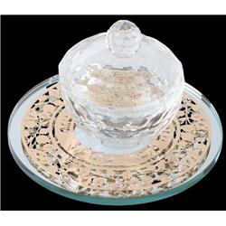 Picture of Schonfeld Collection 165211 Crystal Honey Dish with Mirror Tray & Gold Shana Tova Pomegranate Plate