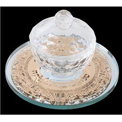 Picture of Schonfeld Collection 165221 Crystal Honey Dish with Mirror Tray & Gold Shana Tova Jerusalem Plate