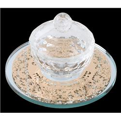 Picture of Schonfeld Collection 165231 Crystal Honey Dish with Mirror Tray & Gold Shana Tova Floral Plate