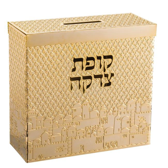 Picture of AM Judaica 49798 4 x 4 x 1.62 in. 24K Gold Plated by Jerusalem Impressions Tzedakah Box