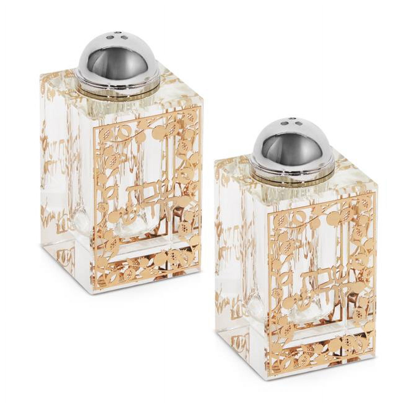Picture of Schonfeld Collection 180201 2 x 4 in. Crystal Salt & Pepper Holder with Side Gold Leaves Plate - Set of 2