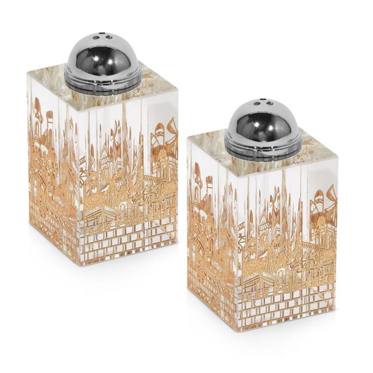 Picture of Schonfeld Collection 55565 2 x 4 in. Crystal Salt & Pepper Holder with 4 Side Gold Jerusalem Plate