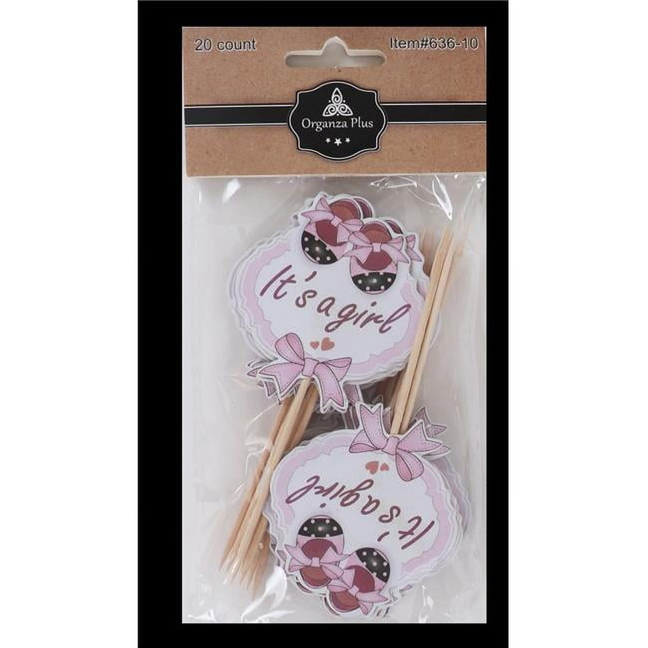 Picture of Organza 636-10 Pink Round Its A Girl Toothpicks for Cake Decoration - Pack of 18