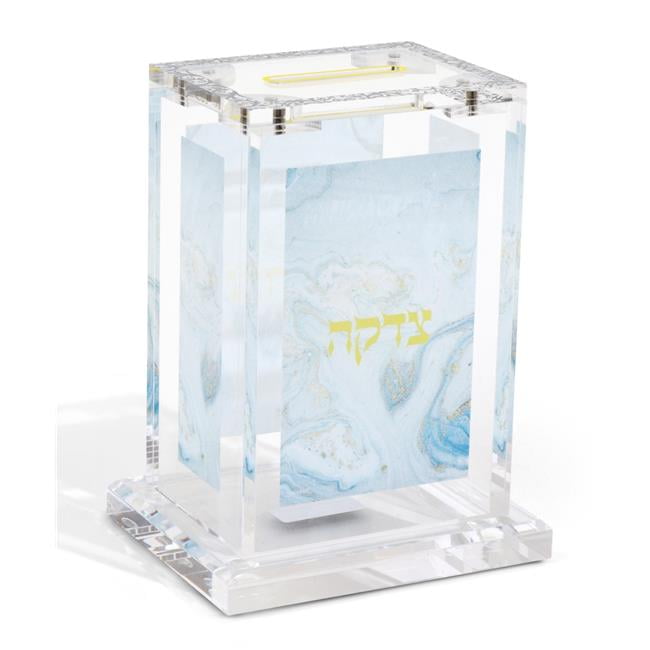 Picture of Schonfeld Collection 183421 4 x 2.75 x 2 in. Acrylic Tzedakah Box with Blue Marble & Gold Design