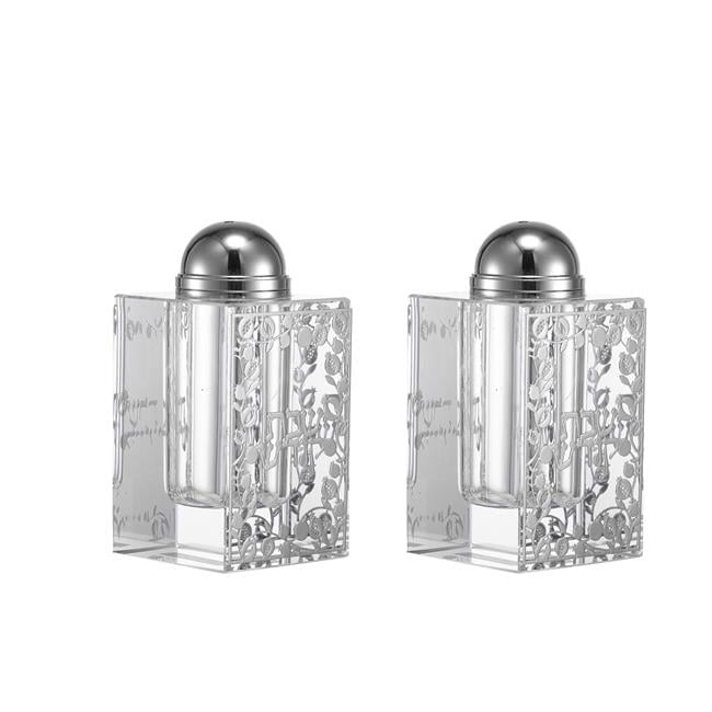Picture of Schonfeld Collection 180200 2 x 4 in. Crystal Salt & Pepper Holder with 2 Side Silver Leaves Plate