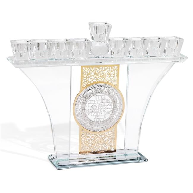 Picture of Schonfeld Collection 183127 Chanuka Crystal Menorah with Silver & Gold Blessing Plates on Stand