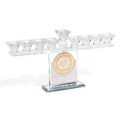 Picture of Schonfeld Collection 183196 Chanuka Crystal Menorah with Silver & Gold Blessing Plates on Stand