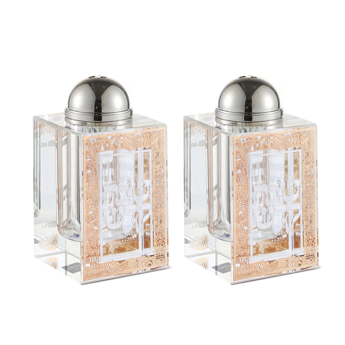 Picture of Schonfeld Collection 161542 Crystal Salt & Pepper Holders with Gold & Silver Plates - Set of 2