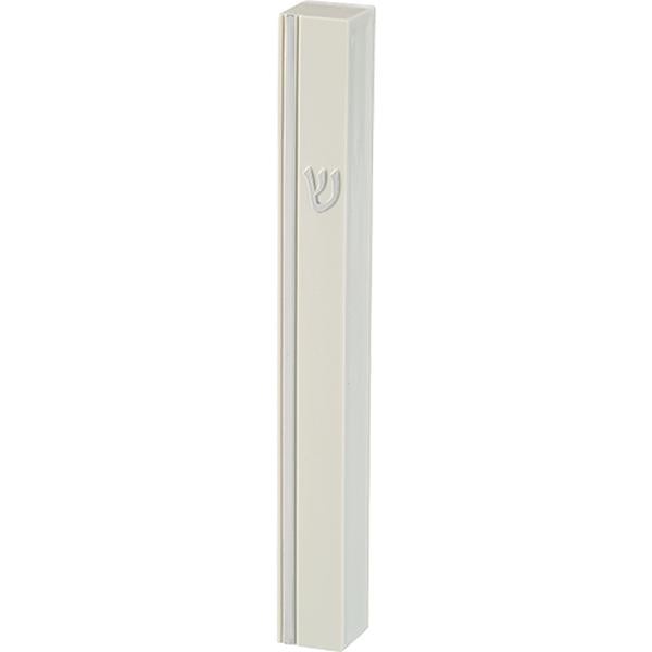 24675 15 cm White Plastic Mezuzah - Silver Shin & Stripe with Rubber Cork