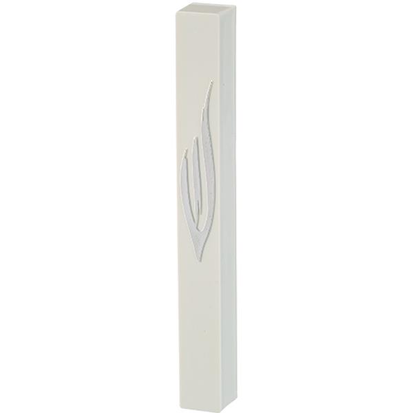 24679 15 cm White Plastic Mezuzah - Silver Shin with Rubber Cork