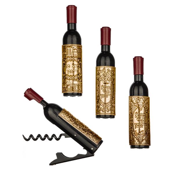 Picture of Art Judaica 49356 Wine Bottle Shape Cork Opener with Shabbos Gold Plate