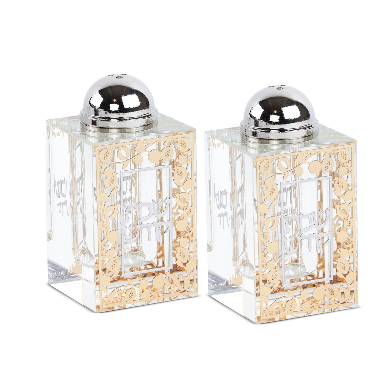 Picture of Schonfeld Collection 230902 Crystal Salt & Pepper Holders with Gold & Silver Plates - Set of 2