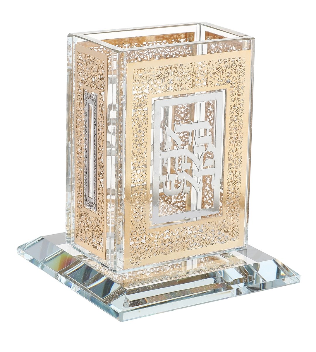 Picture of Schonfeld Collection 230803 Crystal Havdalah Holder with Gold & Silver Plates