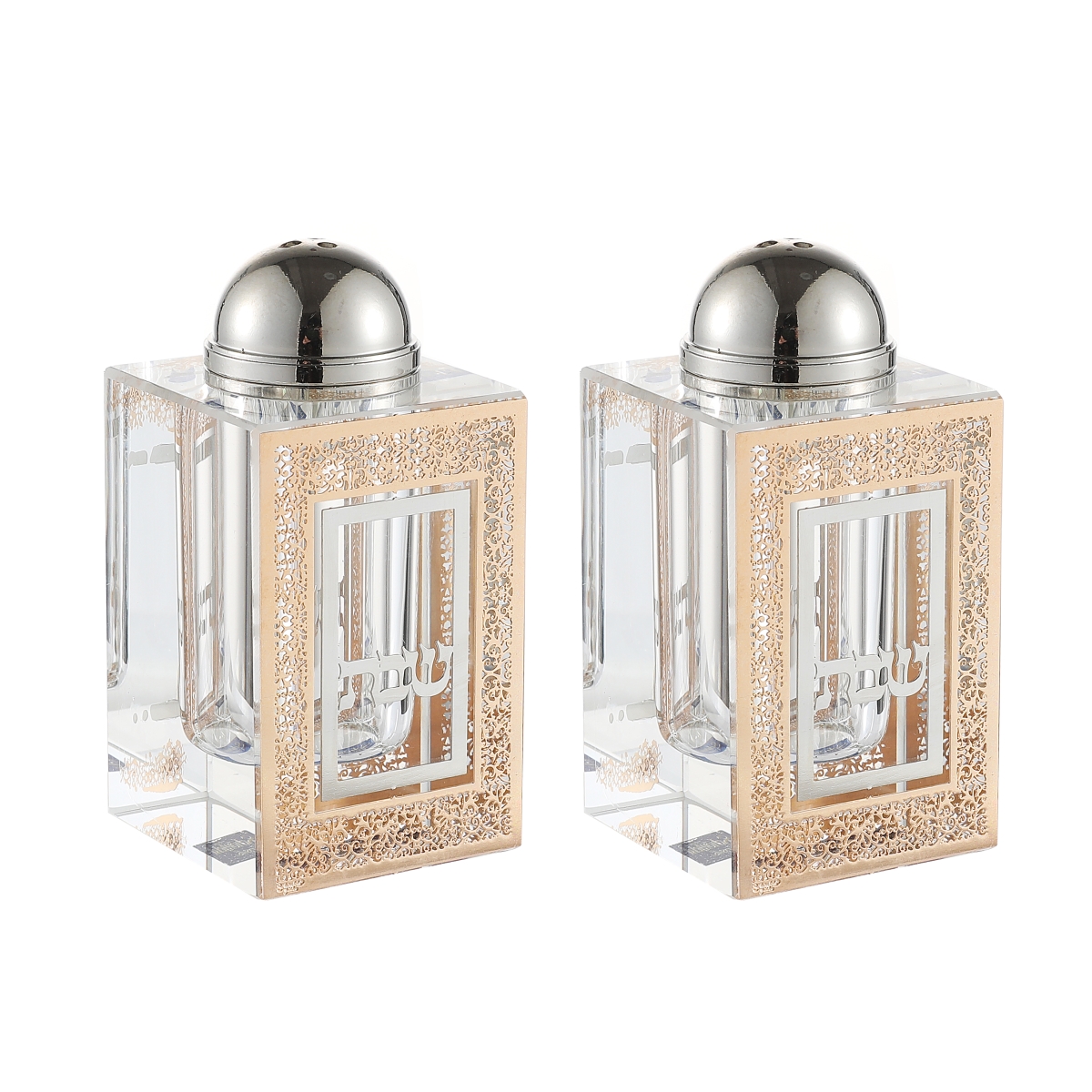 Picture of Schonfeld Collection 230805 Crystal Salt & Pepper Holders with Gold & Silver Plates - Set of 2