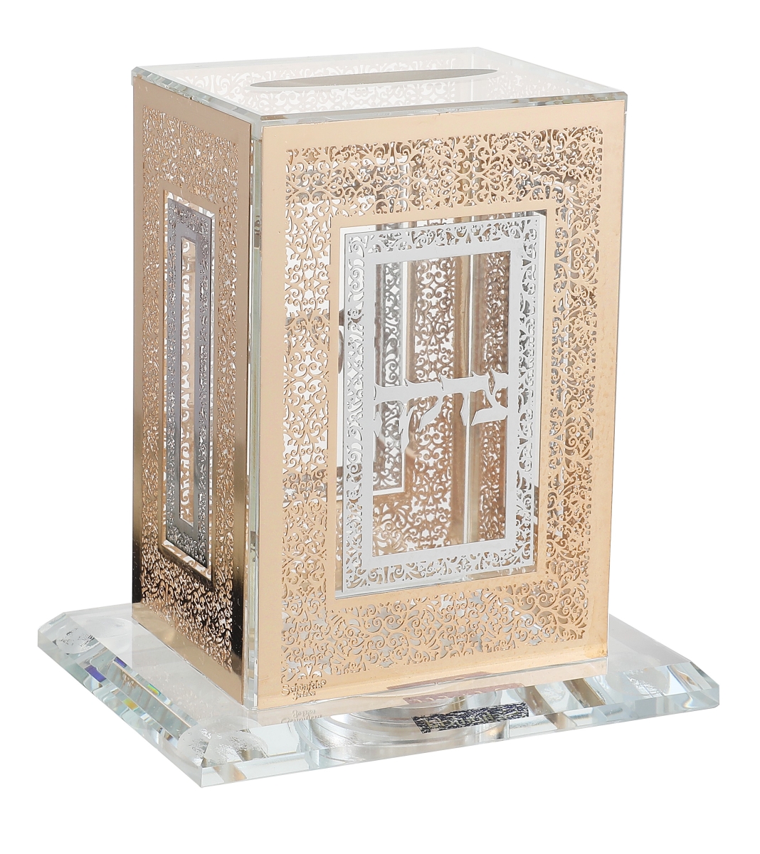 Picture of Schonfeld Collection 230807 Crystal Tzedakah Holder with Gold & Silver Plates