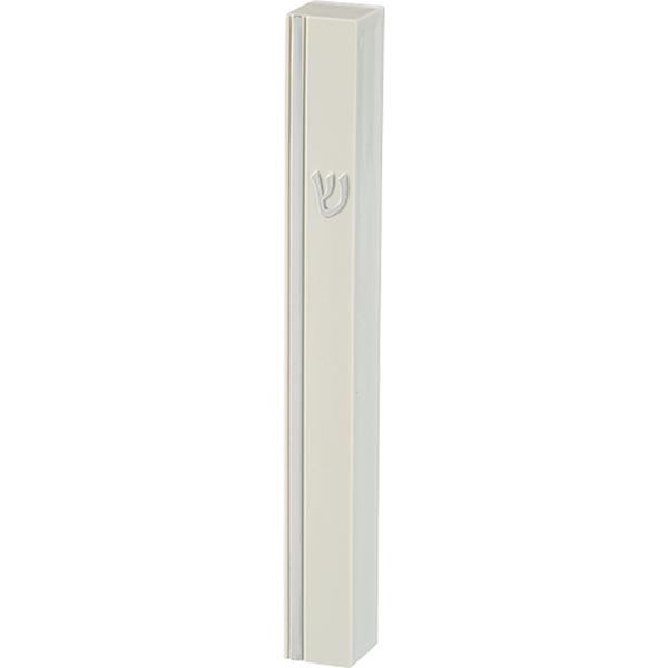 Picture of Art Judaica 24674 12 cm White Plastic Mezuzah Cover with Rubber Cork - Silver SHIN & Stripe