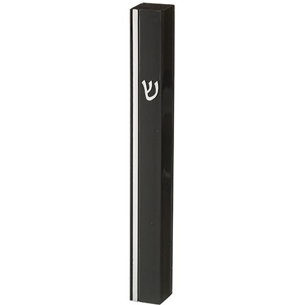 Picture of Art Judaica 24676 12 cm Black Plastic Mezuzah Cover with Rubber Cork - Silver SHIN & Stripe