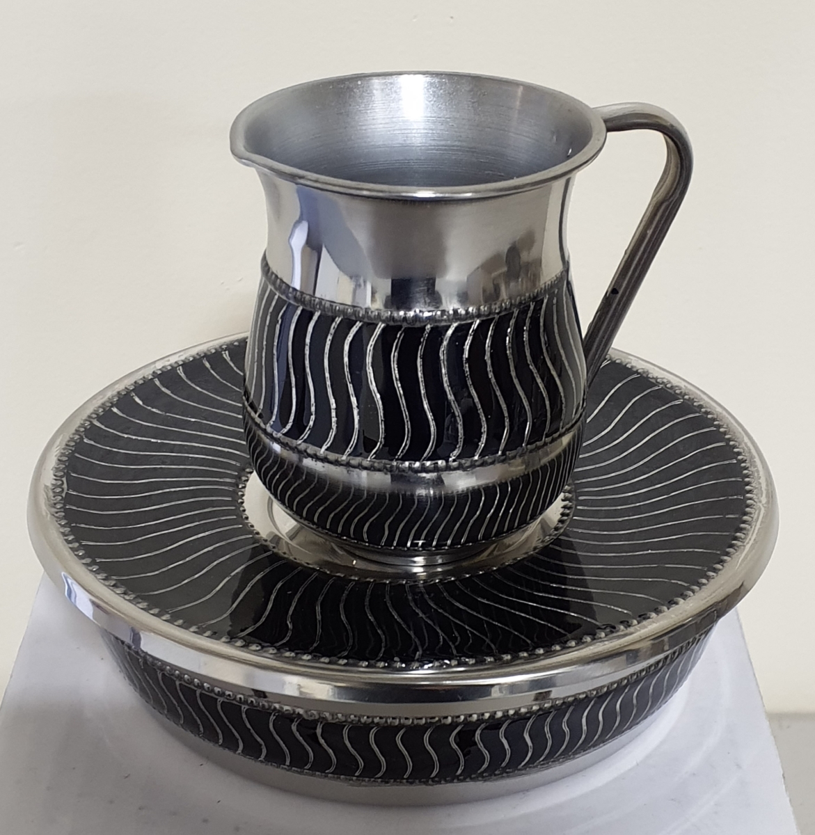 60343 Black Enamel Mayim Achronim with Silver Waves Stainless Steel