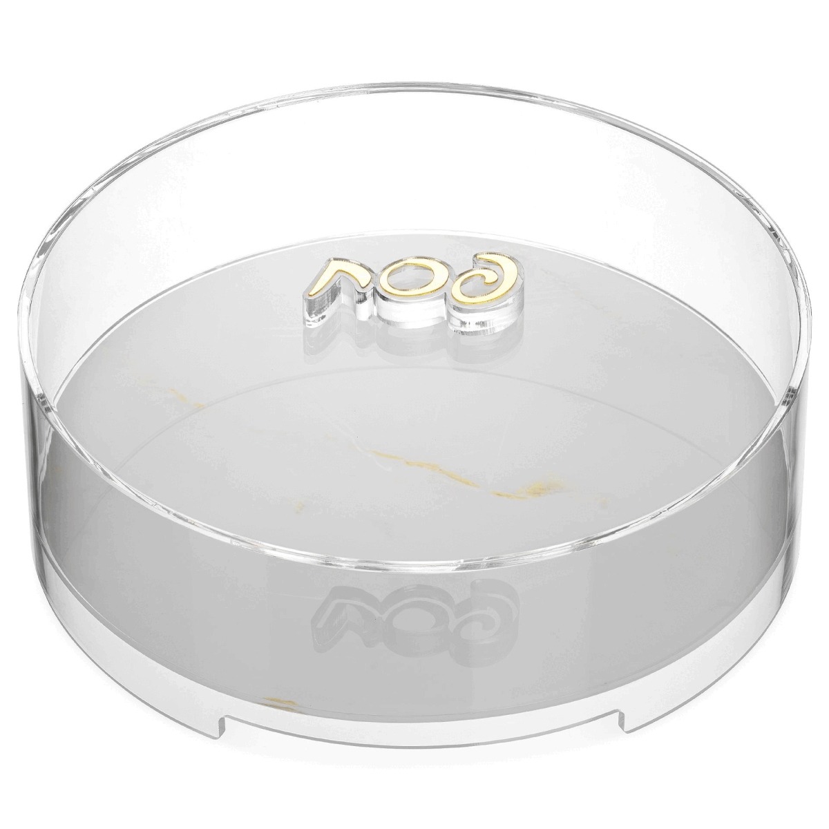 Picture of Nua 60544 12.5 x 12.5 x 5 in. Acrylic Matzah Box with White Marble Bottom & Gold-Lettered Knob - 3 Wide Stand&#44; Clear