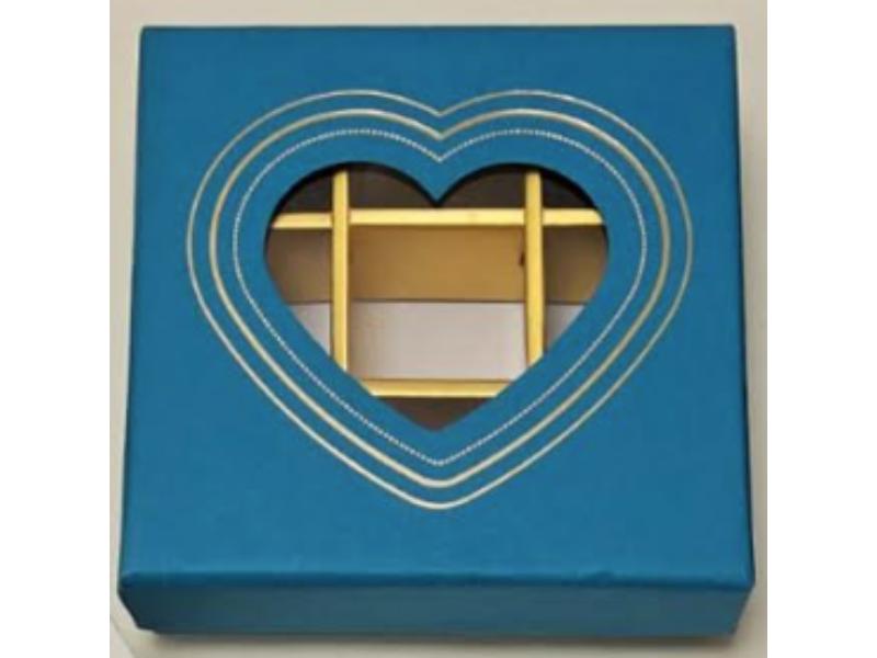 2730- 9 Divided Into-9 Blue Chocolate Box with A Transparent Window in A Heart Pattern