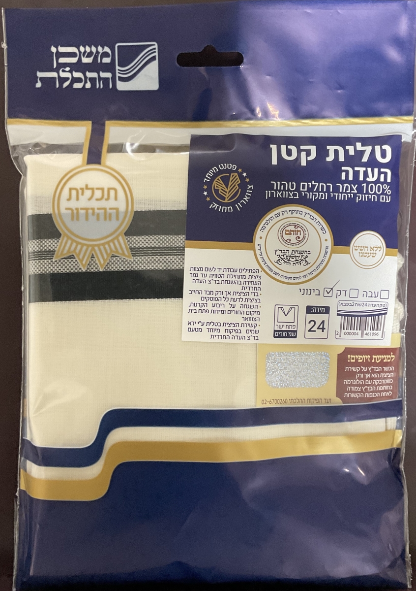 Picture of Mishkan Hatchelet AKW24AYKV2 No.24 2 Hole Thick Wool Tzitzits V-Neck T-Shirt - Thin Avodas Yard