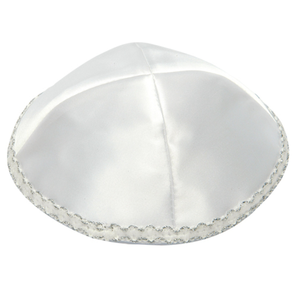 UK371 White Terylene Kippah Silver Line