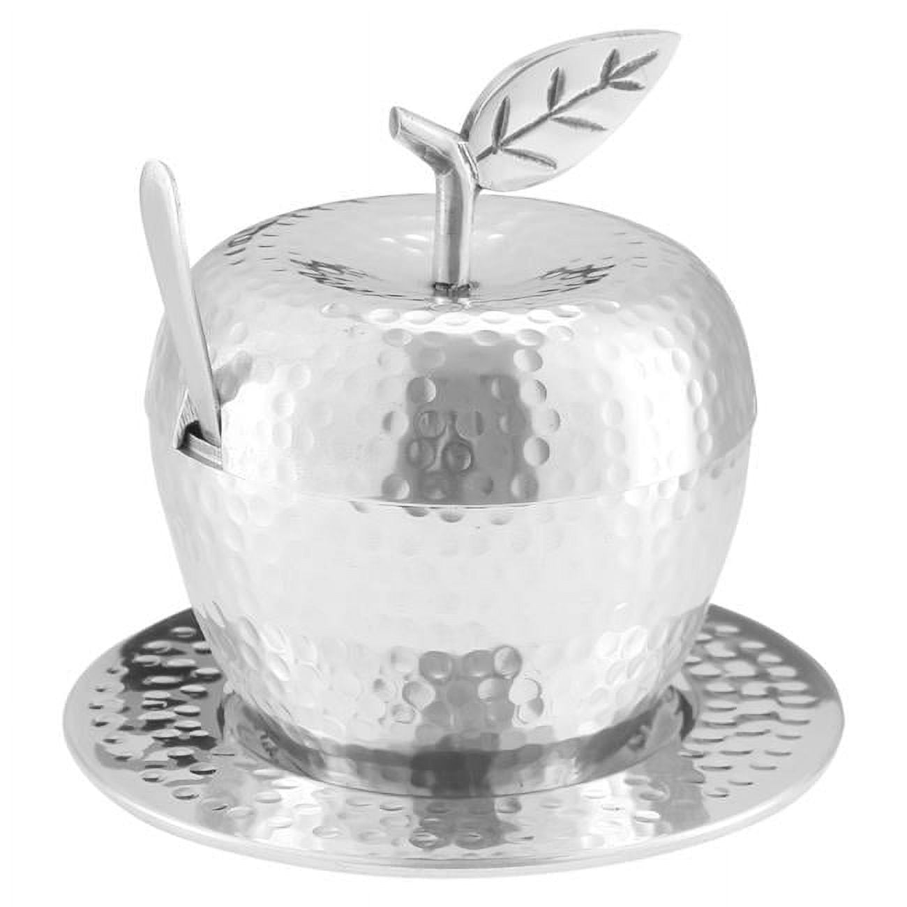 Picture of A&M Judaica & Gifts 59319 Nua Honey Dish Apple Shape Stainless Steel Hammered with Tray & Spoon