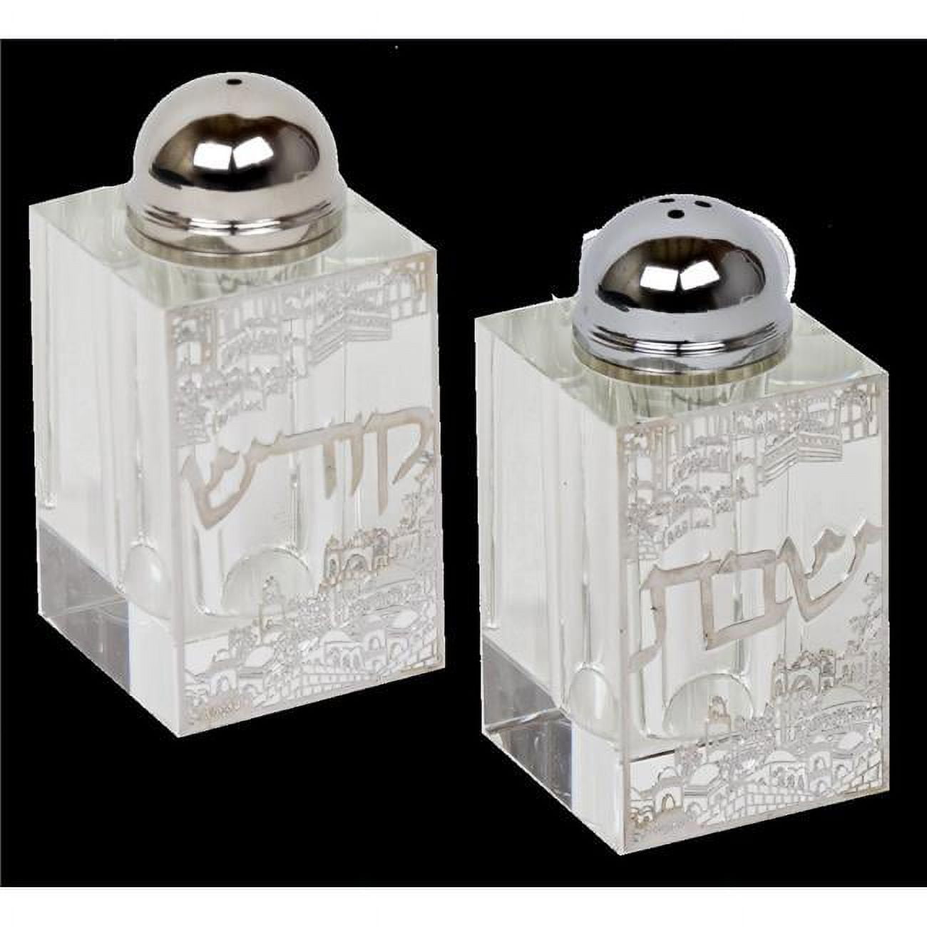 Picture of Schonfeld Collection 128106 Crystal Salt & Pepper Shaker Set with Silver Plaque