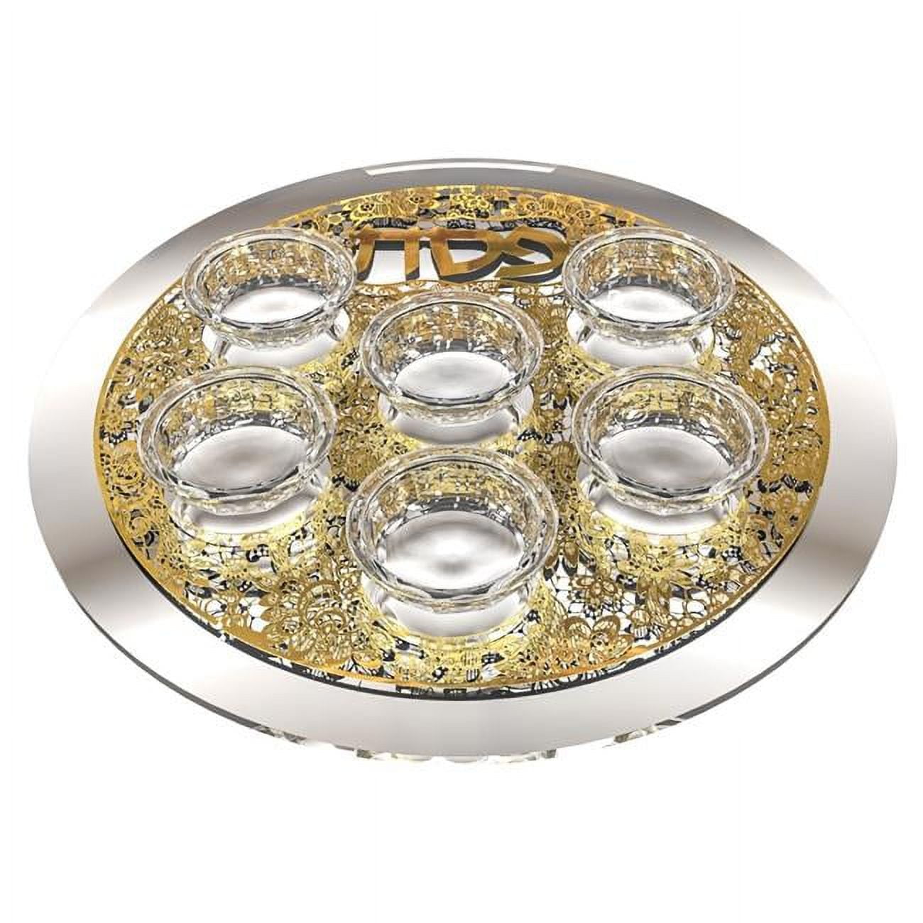 Picture of Schonfeld Collection 145804 Mirror & Glass Seder Plate with Gold Floral Plate