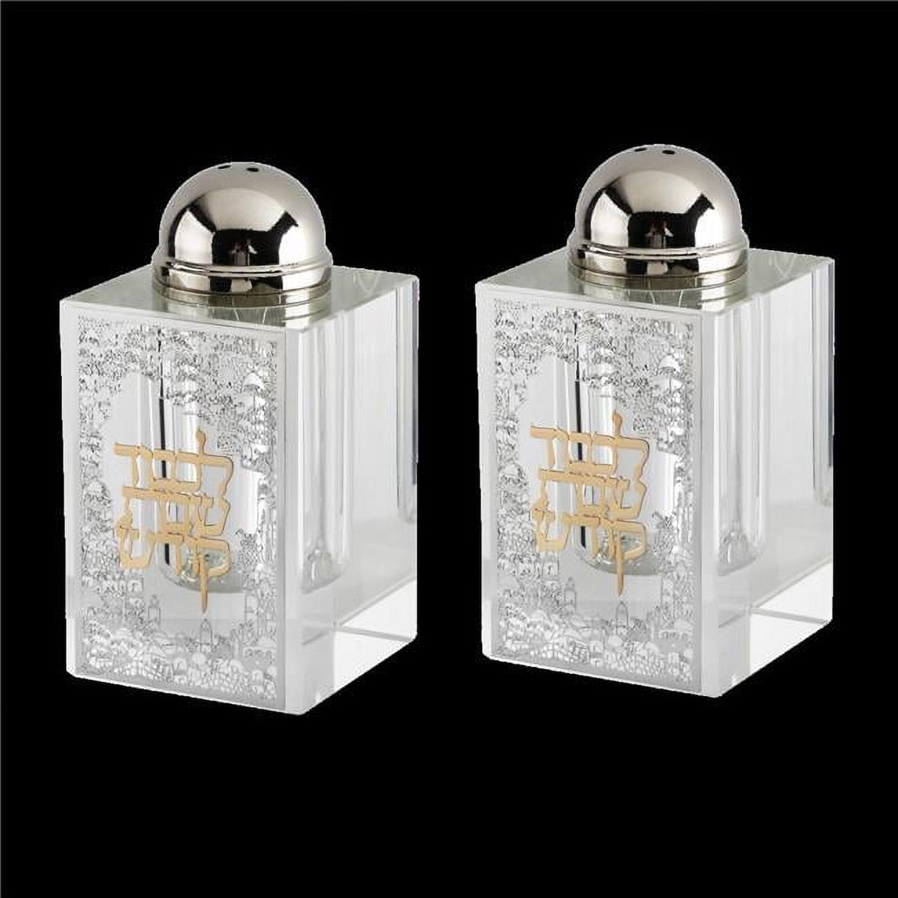 Picture of Schonfeld Collection 128110 3 x 1.5 in. Crystal Salt & Pepper Set&#44; Silver Jerusalem with Gold Shabbat Kodesh