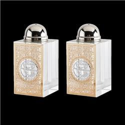 Picture of Schonfeld Collection 128113 3 x 1.5 in. Crystal Salt & Pepper Set&#44; Gold Floral with Silver Shabbat Kodesh