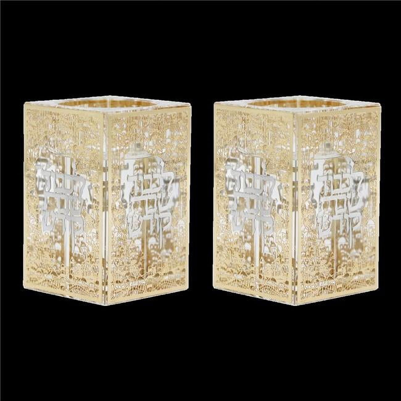 Picture of Schonfeld Collection 160177 3 x 2 x 2 in. Crystal Tea Light Holders with Gold Jerusalem & Silver Shabbat Kodesh