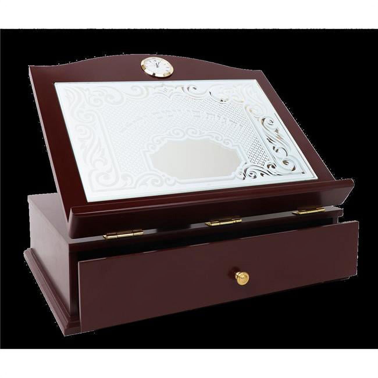Picture of Nua 58378 14.5 x 12 x 5.5 in. Mahogany Table Shtender with Mirror Designed Top & Drawer with Gold Clock