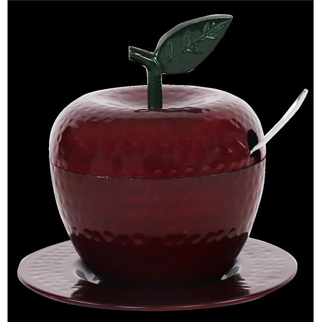 Apple Shape Red & Green Leaf Aluminum Honey Dish with Tray & Spoon