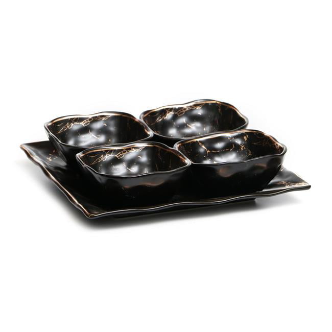 Picture of Novell Collection X3856 9 x 9 in. Porcelain Dishes with Tray Black & Gold Stripes&#44; Set of 4