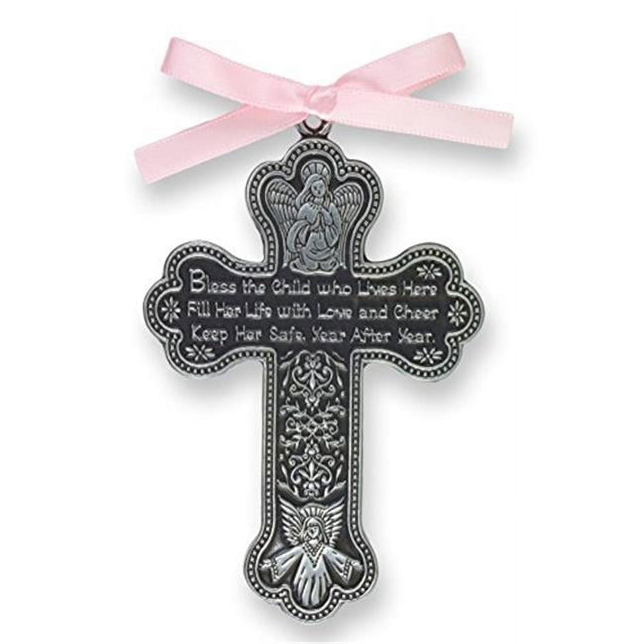 Picture of CA Gift 14175X Crib Cross-Bless This Child with Pink Ribbon - Pewter