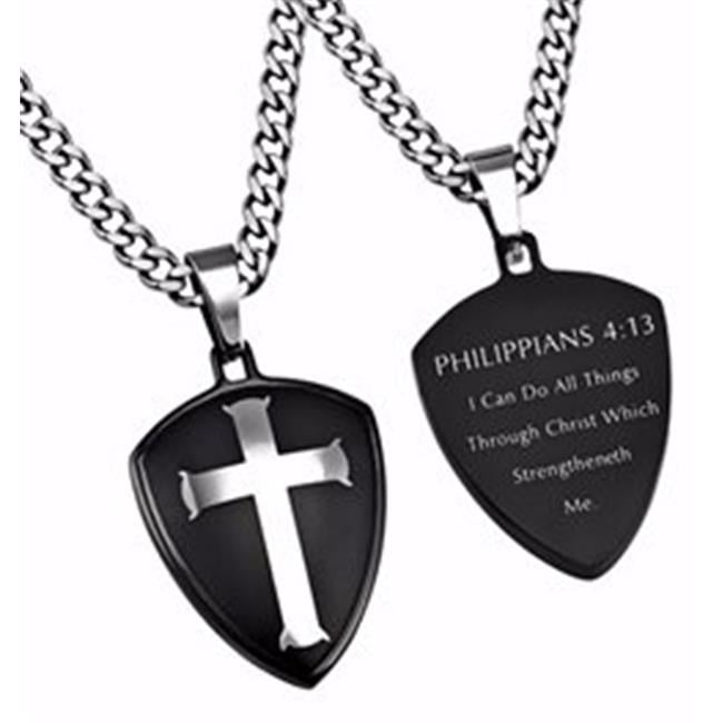 Picture of Spirit & Truth Jewelry 201818 Black R2 Shield Cross Mens Necklace with 24 in. Chain-Christ My Strength