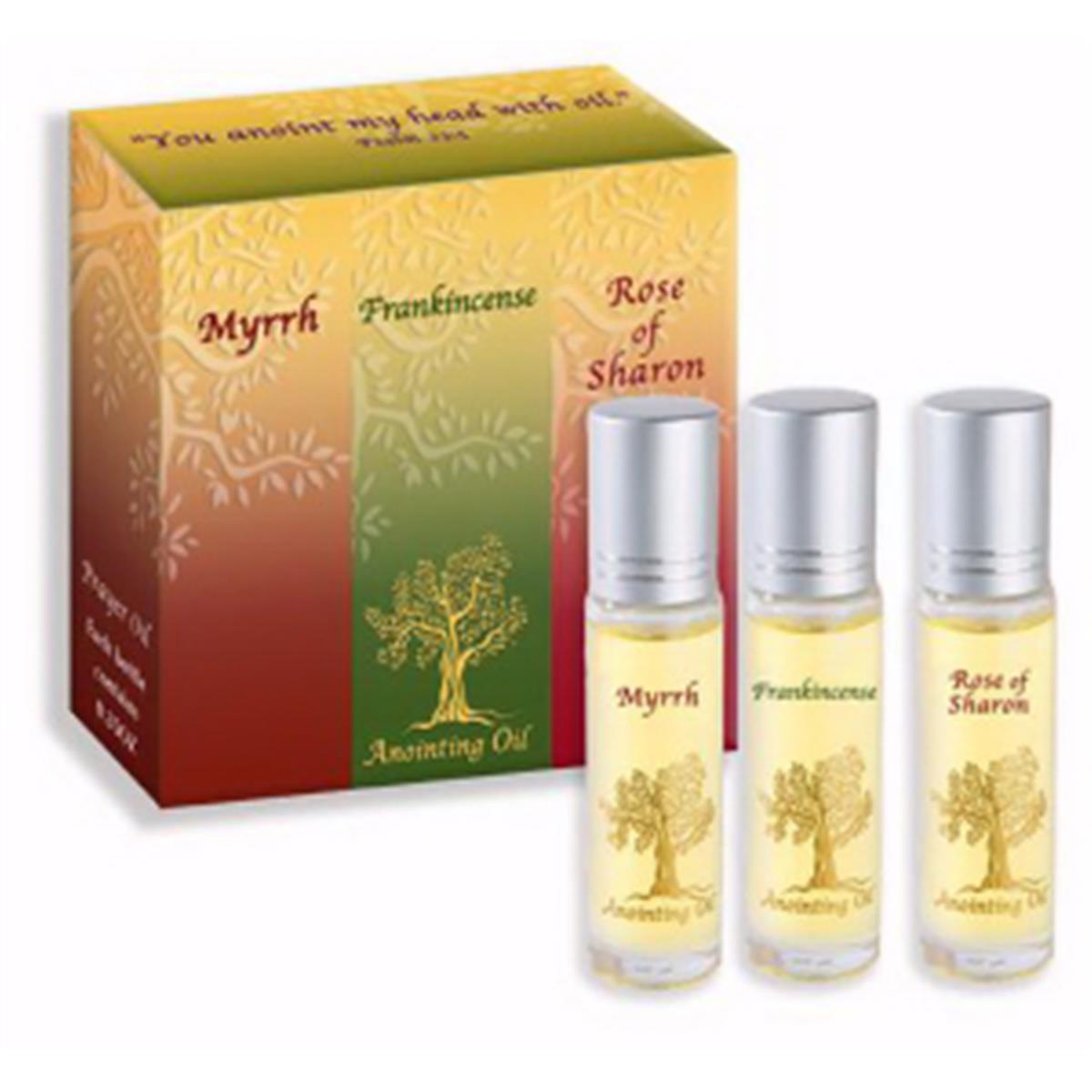 154054 Anointing Oil Set of Three Oils - Frankincense Myrrh & Rose of Sharon -  Holy Land Gifts