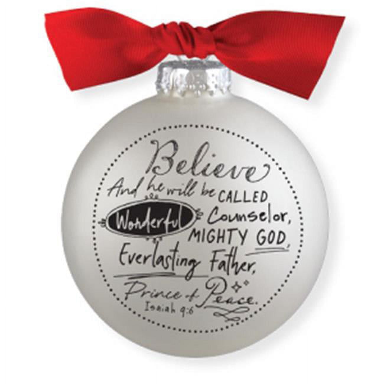 161542 Scripture Ink Believe-White Bauble with Red Bow Ornament - White & Red