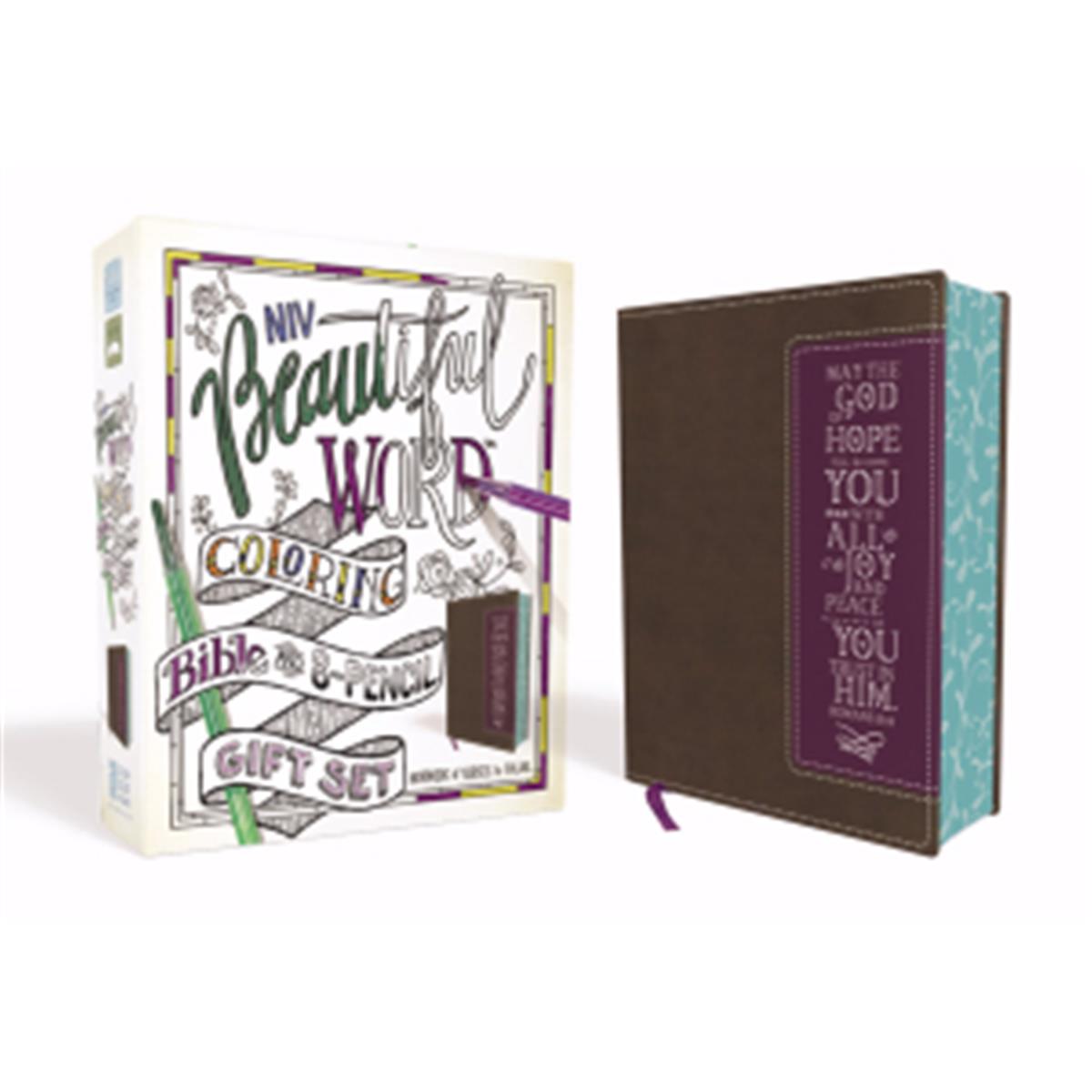 Picture of Zondervan 142965 NIV Beautiful Word Coloring Bible & 8 Pencil Gift Set - Brown & Purple Leathe