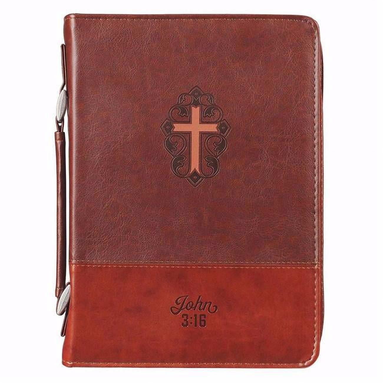 Cross & John 3-16 Classic Lux Leather Bible Cover, Brown - Large