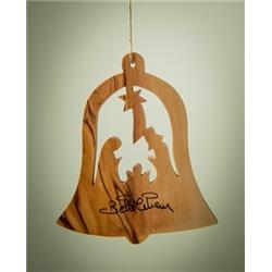 Olive Wood Ornament - Bell with Nativity - 3 in.