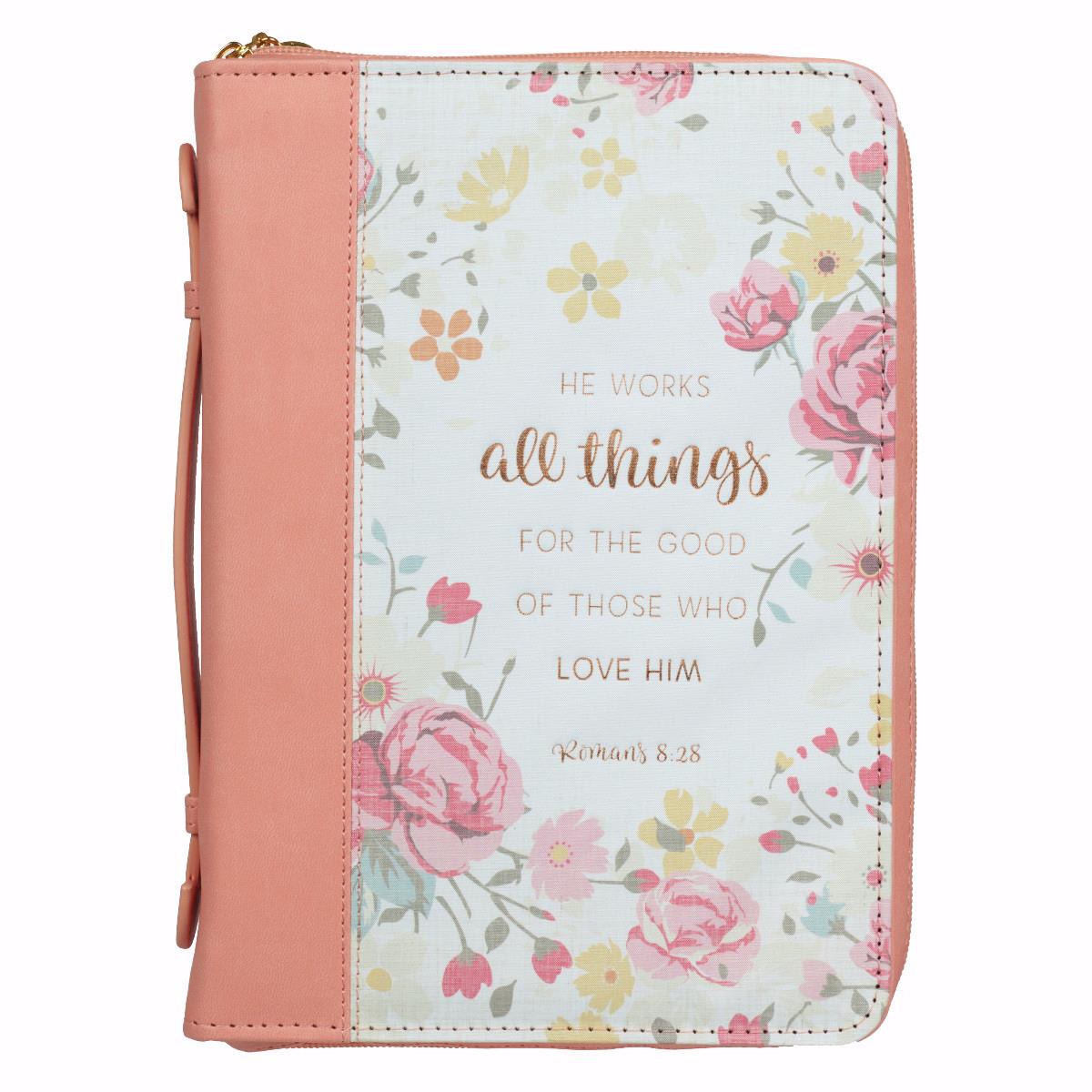 He Works All Things Trendy Lux Leather Bible Cover, Peach - Large