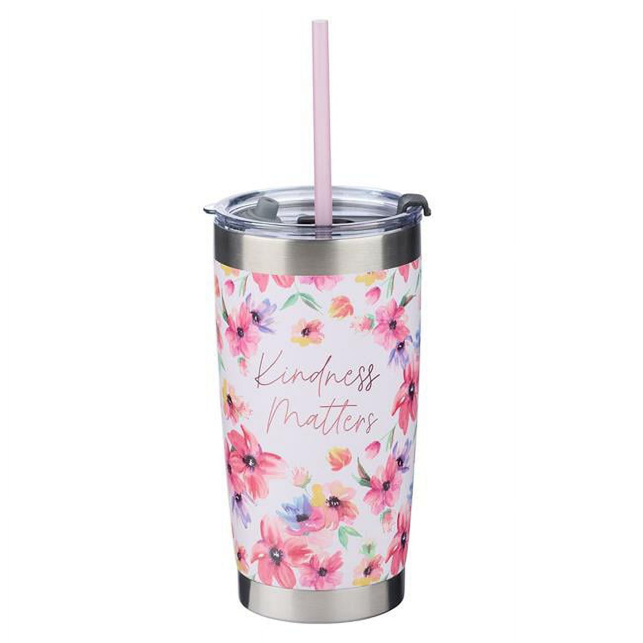 Picture of Christian Art Gifts 249952 Kindness Matters Travel Mug with Straw, Pink Floral
