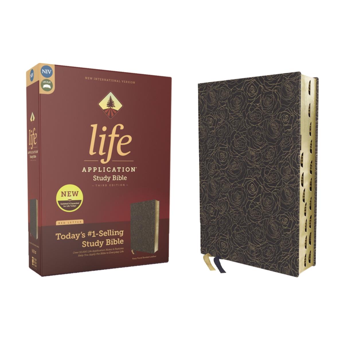 255413 NIV Life Application Study Third Edition Floral Bonded Leather Bible, Navy -  Zondervan