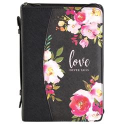 Love Never Fails Bible Cover, Black - Floral Design - Extra Large