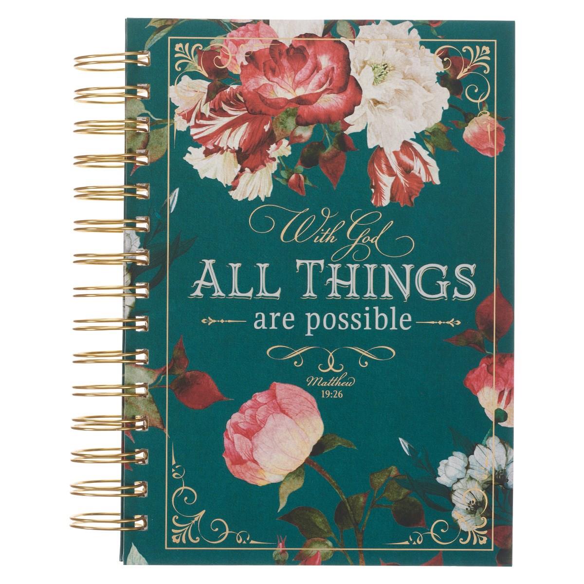 214614 Journal Wirebound with God All Things Book - Teal & Roses