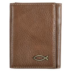 Genuine Leather Trifold Wallet with Fish Emblem, Brown